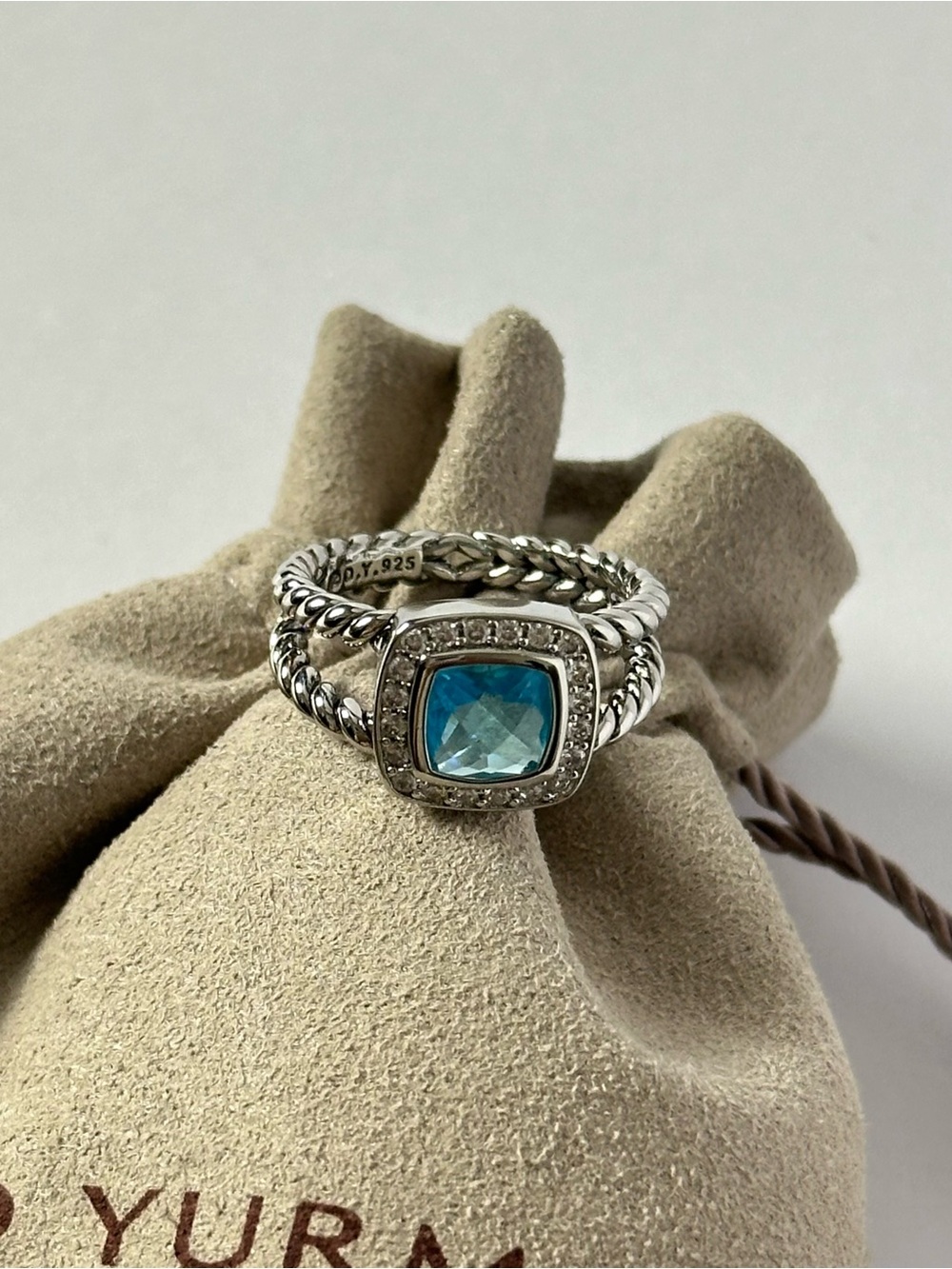 David Yurman Petite Albion Sterling Silver Cushion Blue Topaz Diamond Pave Ring